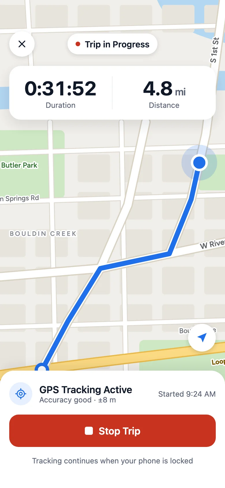 Milevaro trip in progress: 31 minutes elapsed, 4.8 miles, the route on a live street map and a Stop Trip button